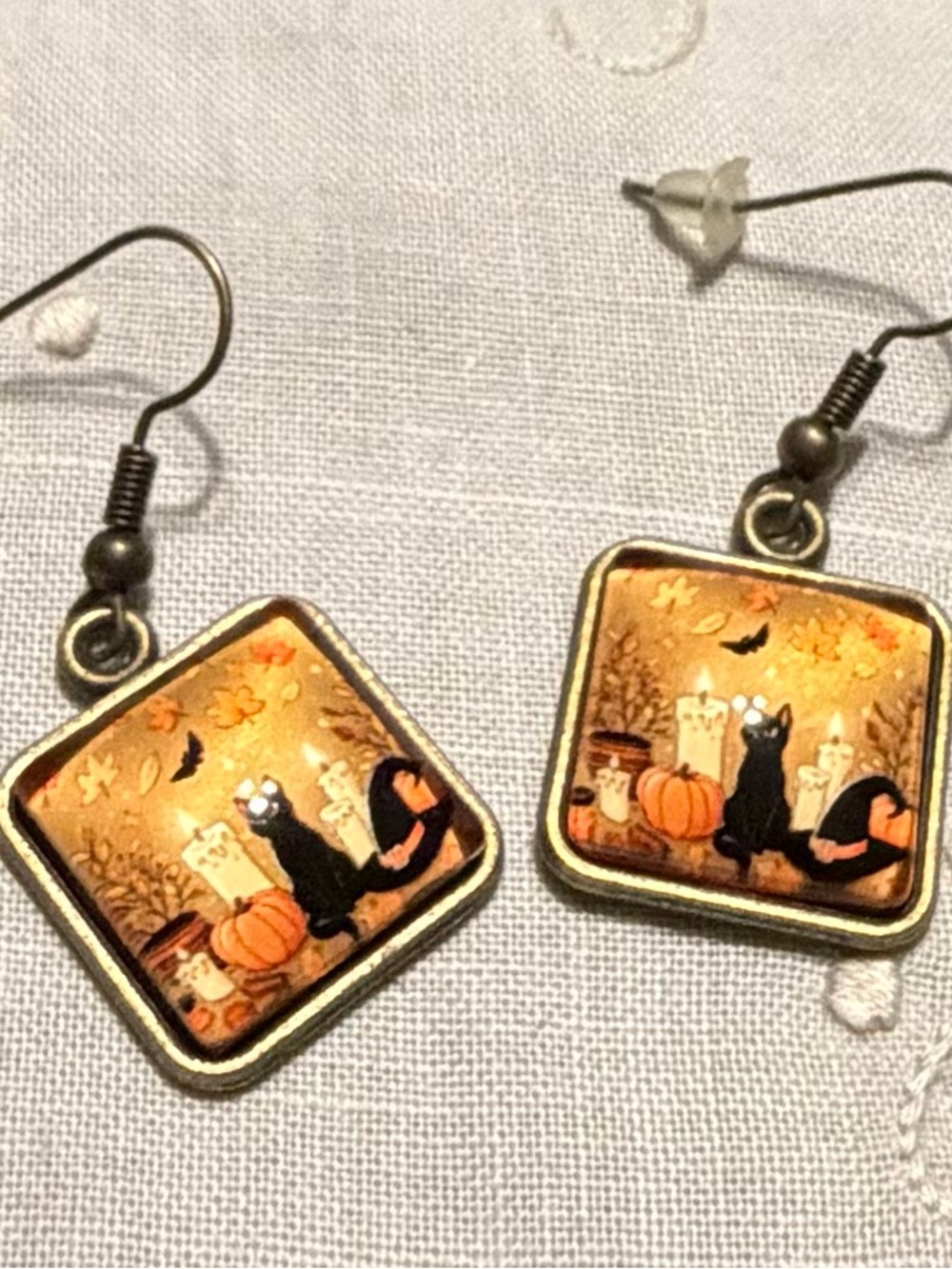 New Brass Autumn Black Cat Pumpkin Earrings #208